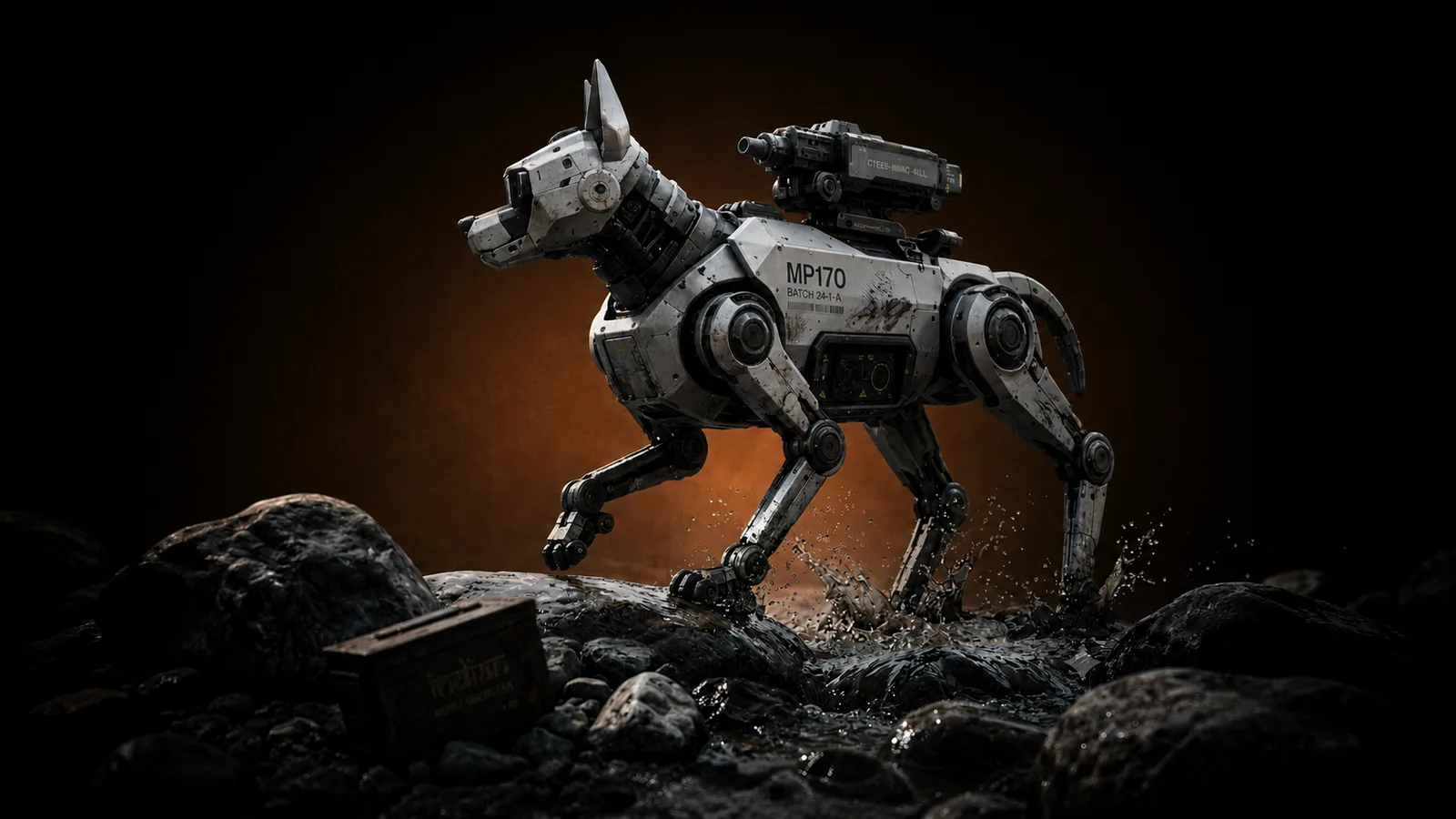 MP-170 quadruped mid-stride through shallow water, ember-lit backdrop