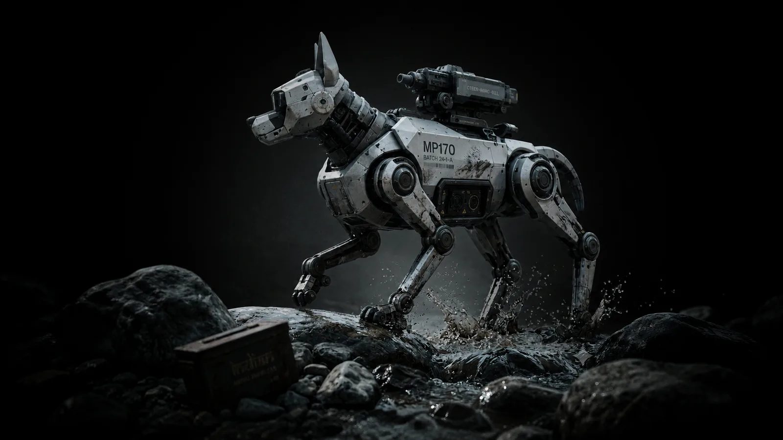 MP-170 quadruped mid-stride, dark backdrop