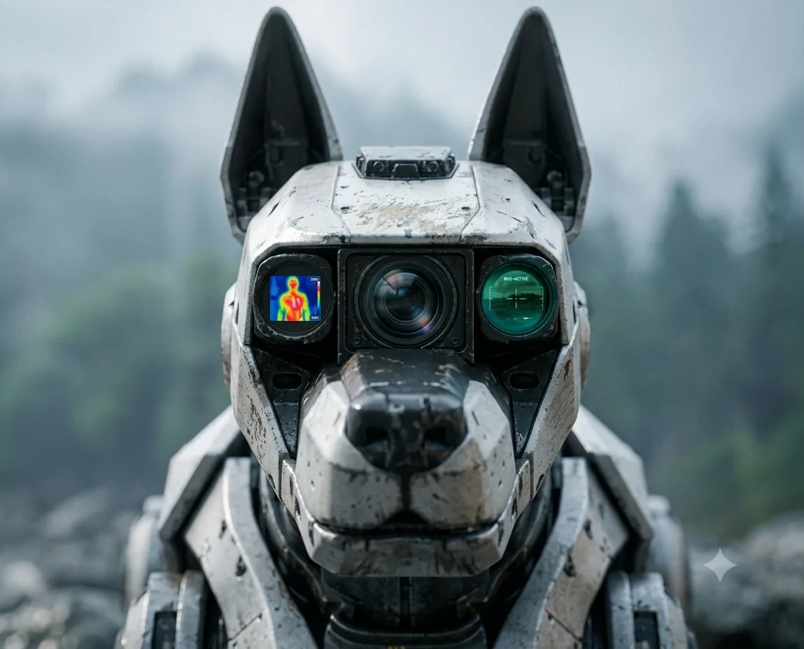 Close-up of MP-170 head showing thermal, optical and night-vision lenses