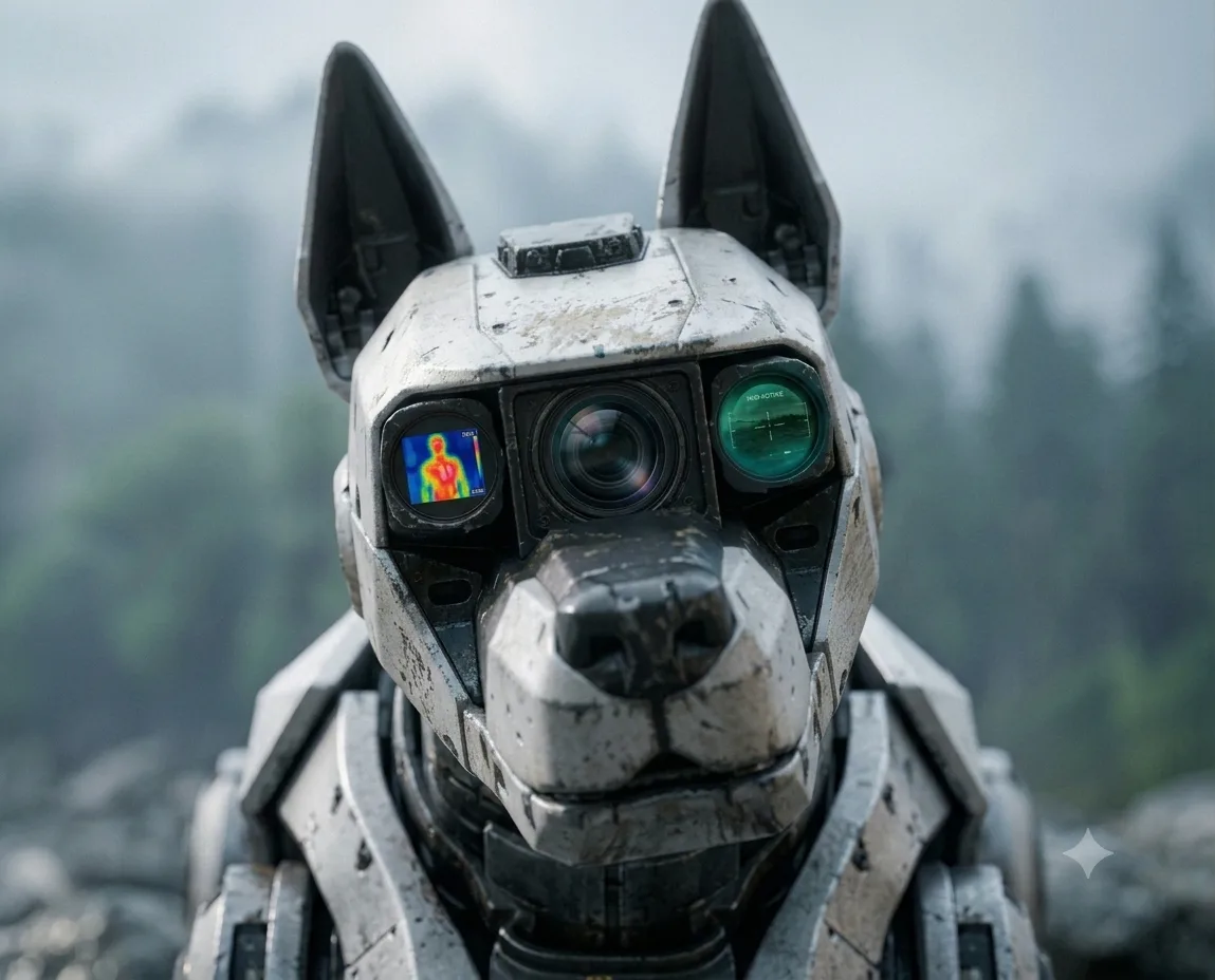 Close-up of MP-170 head showing the three-lens Trinetr optical array