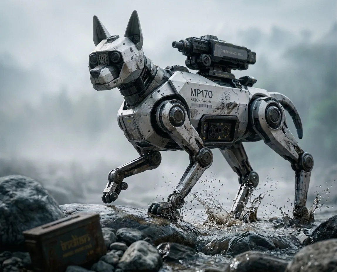 MP-170 walking across wet riverbed rocks in dense fog